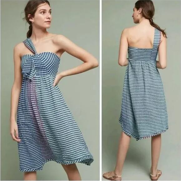 Anthropologie Dresses & Skirts - Anthropologie Maeve Waverly Dress One Shoulder Gingham Handkerchief Hem Blue 6